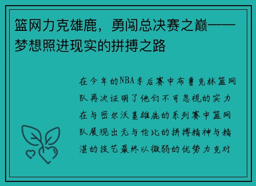 篮网力克雄鹿，勇闯总决赛之巅——梦想照进现实的拼搏之路