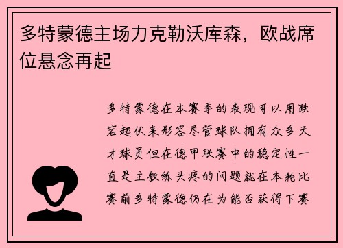 多特蒙德主场力克勒沃库森，欧战席位悬念再起